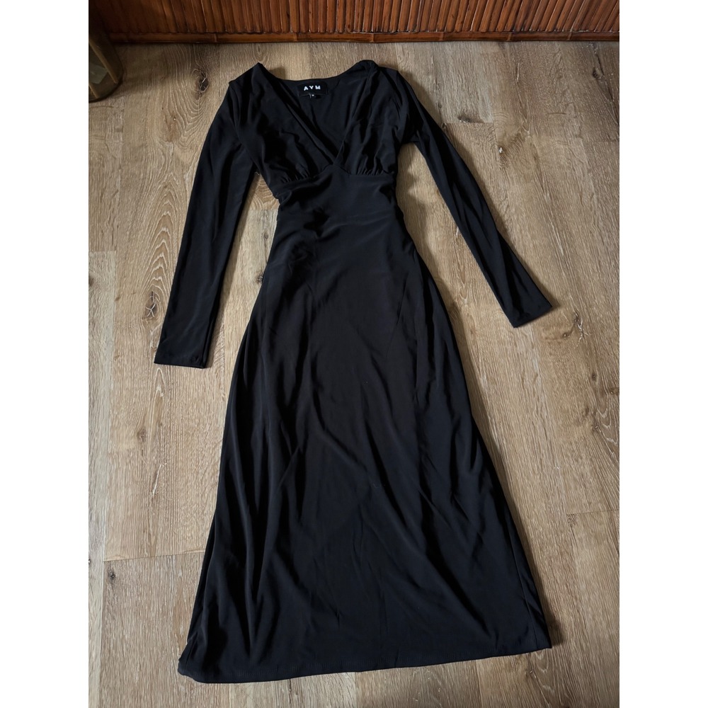 AYM‎ Black Taylor Tea Dress V Neck Corset Tie Back Long Dress Size M